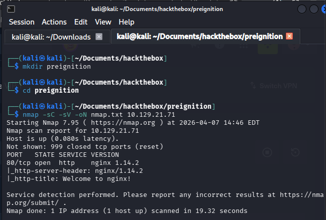 nmap scan showing only port 80 open running nginx 1.14.2