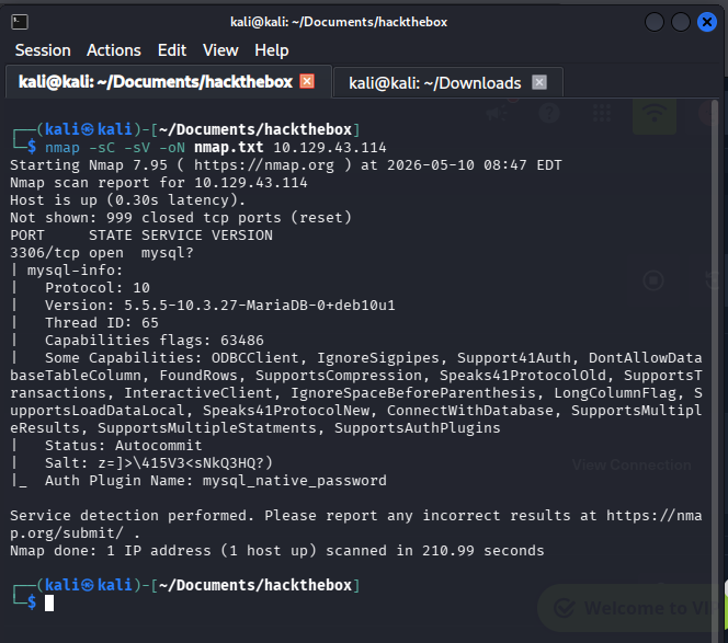 nmap output showing MariaDB on port 3306 with mysql_native_password