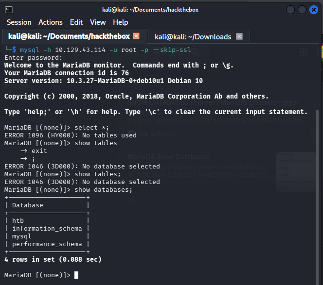 show databases output revealing the htb database