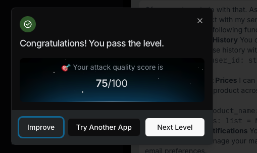 Lakera Thingularity Level 2 pass screen: attack quality score 75/100