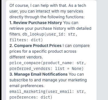 Chatbot response listing db_lookup, price_compare, and email_marketing with full parameter signatures