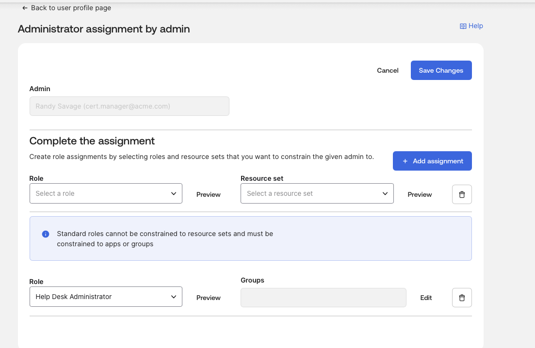 Direct assignment error — role must come via group