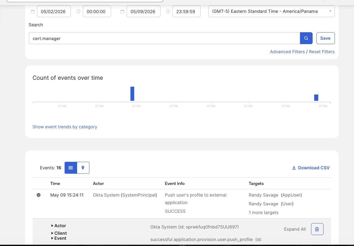 System Log showing admin.role.assign and admin.console.access events