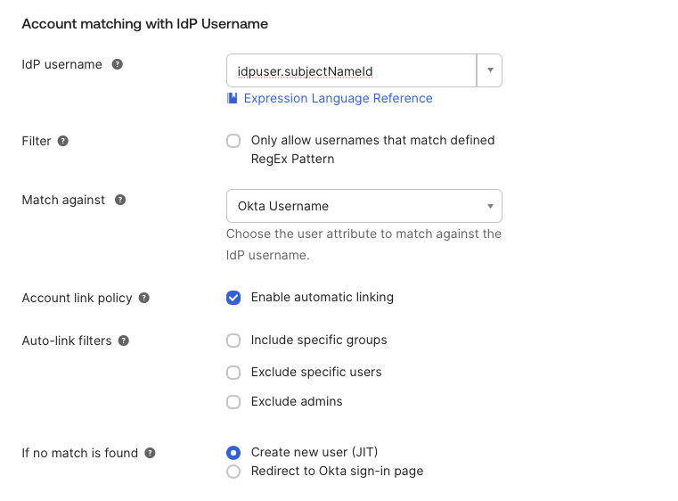Authentication settings with automatic linking and JIT