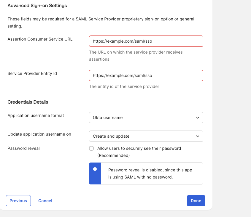 SAML app finish step 2